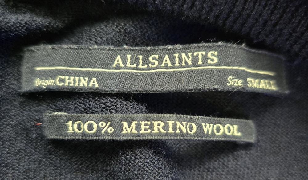 ALLSAINTS Black Drina Cardigan 100% Merino Wool Draped Open Front Shoulder Zip
